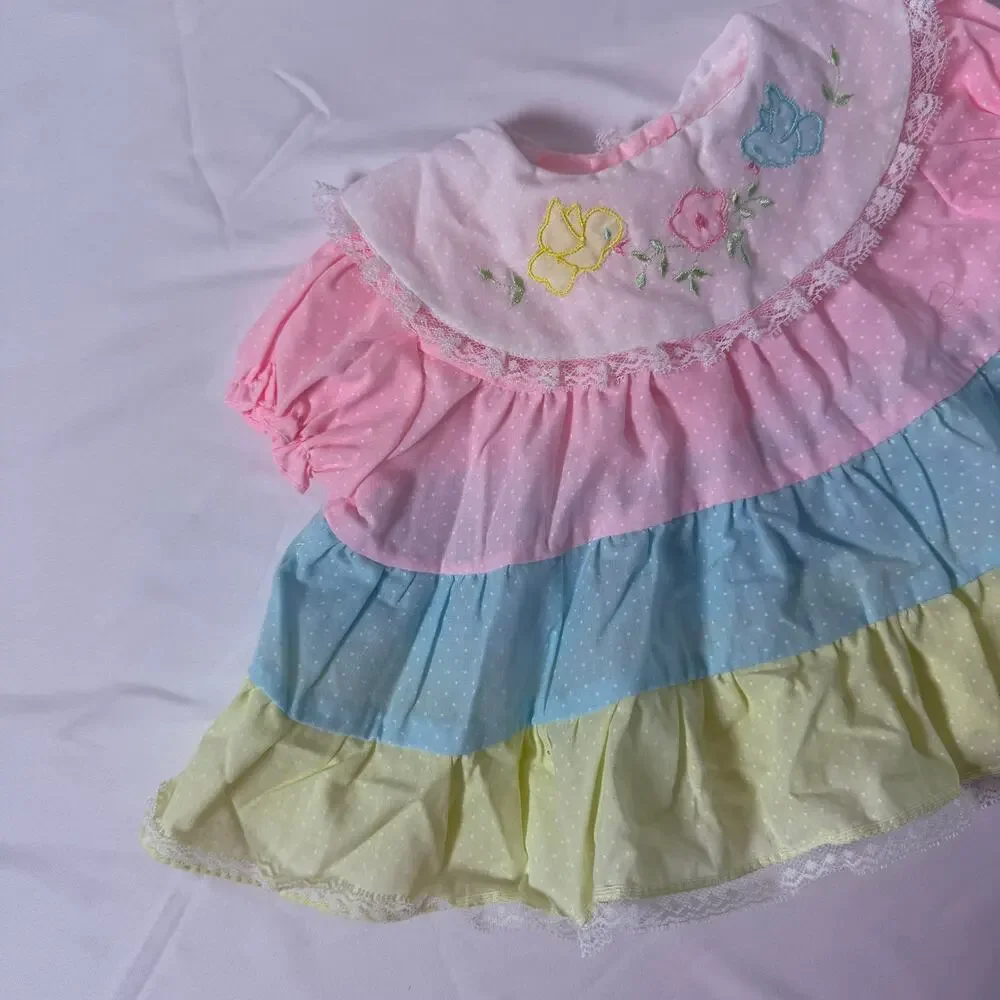 Vintage 80s Cradle Togs Pastel Tiered Bird Embroidered Lace Bib Collar Dress